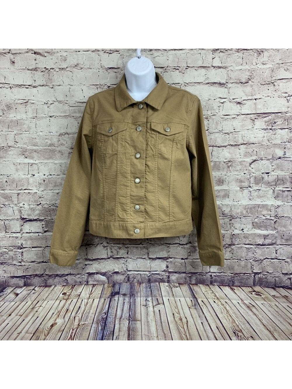 Lands End Tan Button Front Long Sleeve Crop Denim Jacket